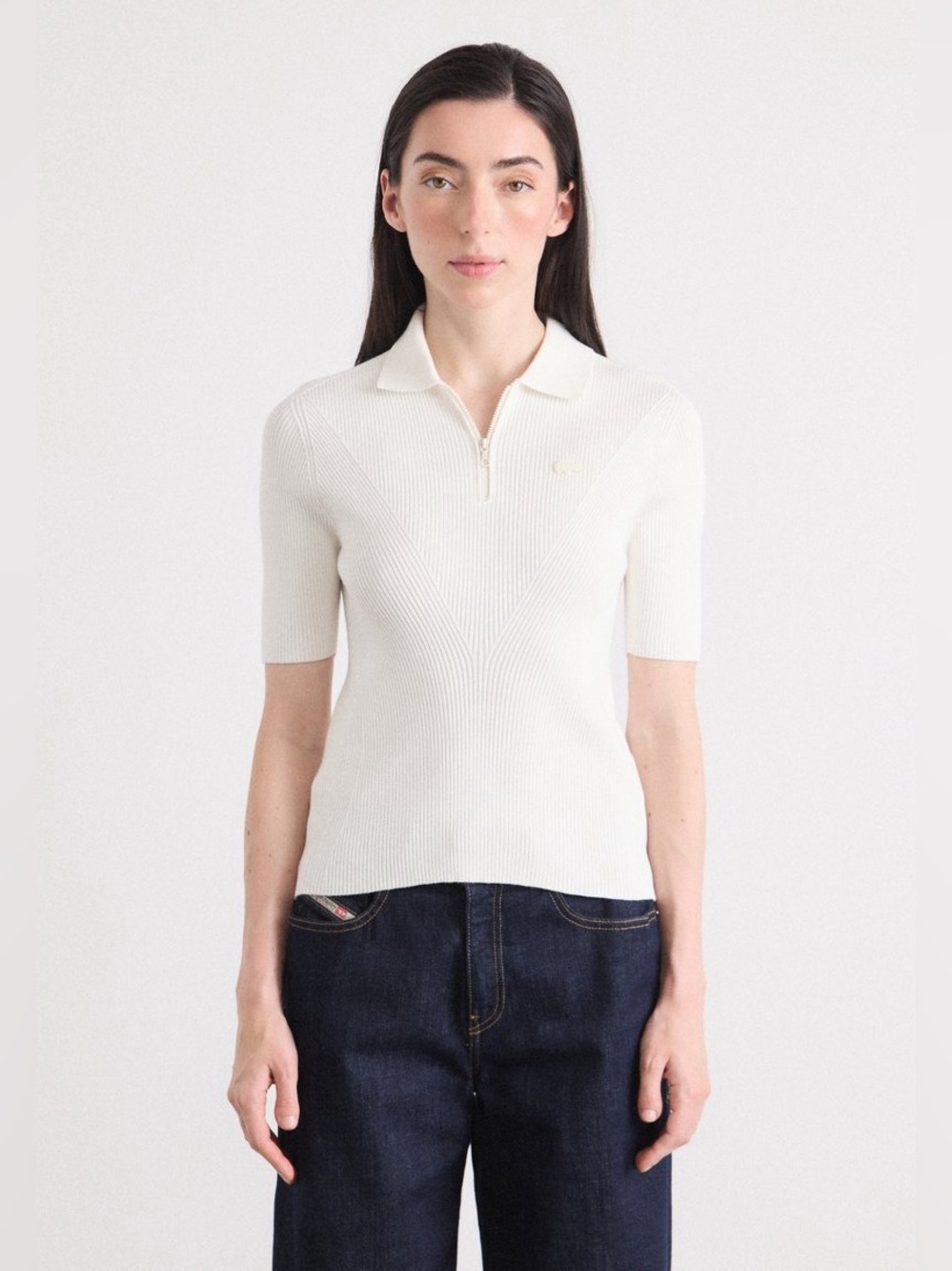 Lacoste slim fit White Short Sleeve Ribbed Zip Polo Top athleisure joah brown L